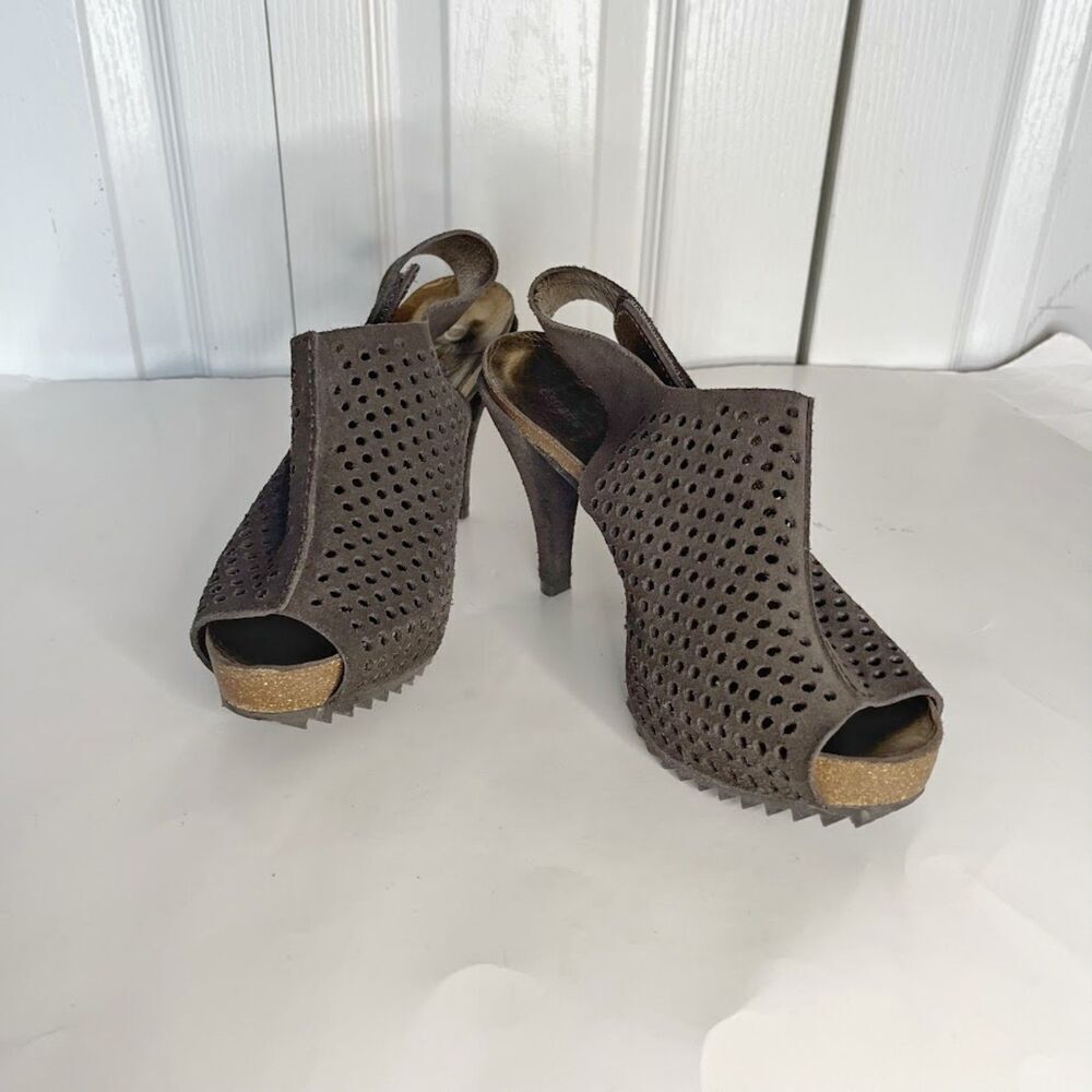 Pedro Garcia Suede Leather Perforated Paneled Stiletto Slingback Heel Sandals